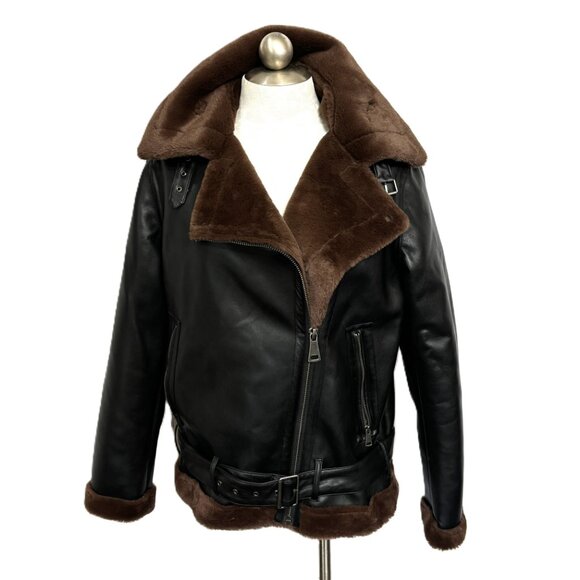 SO Faux Leather and Fur Moto Flight Aviator Bomber Jacket - Picture 1 of 14